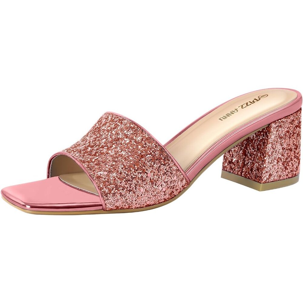 🆕Women Rose Gold Square Open Toe Heels Sandals Low Block Chunky Heeled Sandal